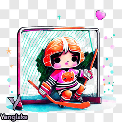 happy cartoon hockey player with puck and orange goalie net png design 128