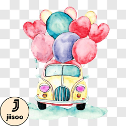vintage car with balloons and floating hearts png design 165