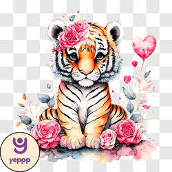 cute baby tiger on floral background png design 202