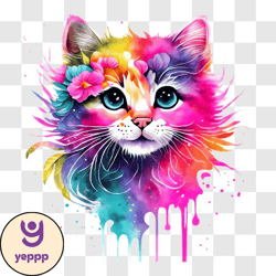 adorable colorful kitten with floral headband png design 204