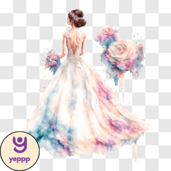 watercolor illustration of elegant bride in wedding dress with colorful flowers png design 218