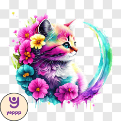 colorful kitten on crescent with flowers png design 229