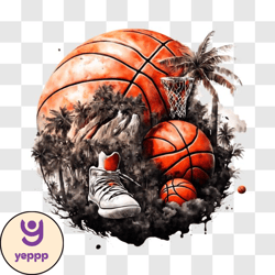 basketball and shoes on grass with palm trees png design 42