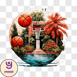 scenic basketball court with palm trees and pool png design 84