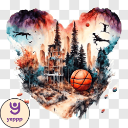 abstract basketball artwork with birds and trees png design 96