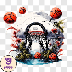 basketball hoop in water with flying basketball png design 101