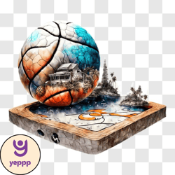 basketball ball floating on wooden box png design 106