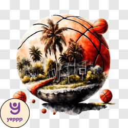 basketball ball floating on water with palm trees png design 110