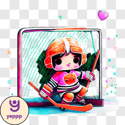 happy cartoon hockey player with puck and orange goalie net png design 128