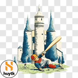 baseball player illustration with castle in background png design 37