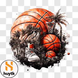 basketball and shoes on grass with palm trees png design 42