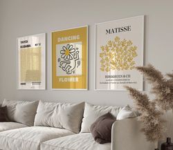 exhibition print set, yellow print set, gallery wall set, 3 piece wall art, yayoi kusama print, matisse print, keith har