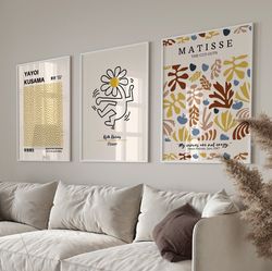 exhibition print set, yellow print set, gallery wall set, 3 piece wall art, yayoi kusama print, matisse print, keith har