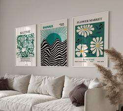 exhibition wall art set of 3,matisse print,flower market poster,bauhaus print set,gallery wall bundle,3 piece wall art,m