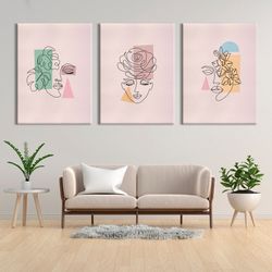 female body line 3 piece wall art print face line art woman mid century modern wall decor extra large boho pink poster n