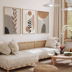 floral abstract wall art living room decor set of 3 wall art tropical leaves print beige wall art contemporary wall art