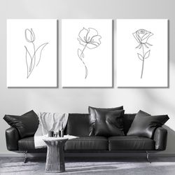 floral line 3 piece wall art print minimalist flower line art abstract modern wall decor extra large set of 3 poster bed