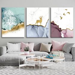 fluid framed 3 piece wall art print abstract golden deer poster marble modern bedroom wall decor extra large scandinavia