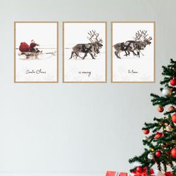 gallery set of 3, christmas santa claus with a sleigh prints,xmas printable home decor, christmas decorations, christmas