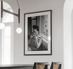 frida kahlo smoking poster, frida kahlo print, frida kahlo poster, vintage fashion photo,elegant decor,black and white p