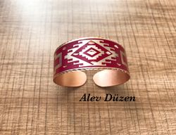 copper cuff red bracelet, native design copper bracelet, handmade boho style cuff bracelet, bracelet gift
