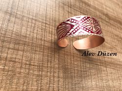 handmade copper cuff red bracelet, native design copper bracelet, handmade boho style cuff bracelet, bracelet gift