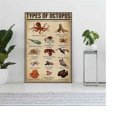 types of octopus vintage poster, octopus lover gift,