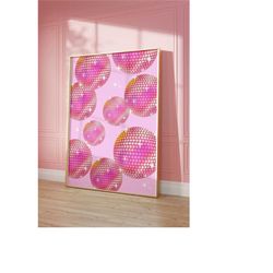 disco ball, pink preppy wall art print, trendy