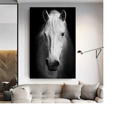 horse canvas print - black and white horse