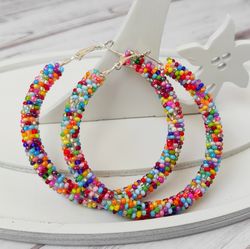 colorful beaded hoop earrings, 2.5" hoops, multicolor earrings, big bead earrings, statement earrings, ethnic jewelry
