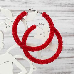 red beaded earrings, seed bead hoop earrings, statement earrings, gift for girlfriend