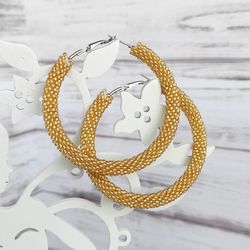 golden beaded earrings, gold seed bead hoop earrings, statement earrings, gift for girlfriend