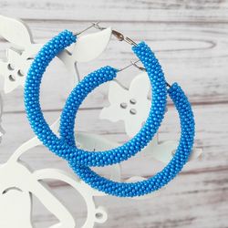 blue seed bead earrings, big hoop beaded earrings, statement jewelry gifts