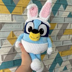 handmade toy bluey, bingo, or muffin in a white rabbit costume. adorable and unique, perfect for imaginative play.