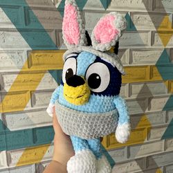 handmade toy bluey, bingo, or muffin in a grey rabbit costume. adorable and unique, perfect for imaginative play.