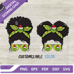 afro grinch messy bun customizable color svg, afro christmas grinch messy bun svg,nfl svg, football svg, super bowl svg