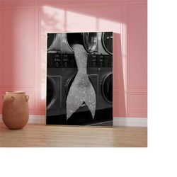 mermaid inside the washing machine print | bathroom decor | black and white vintage photography