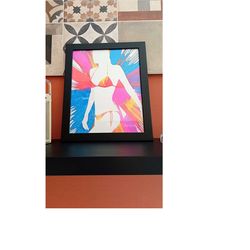 bikini girl, 2014 artwork, framed physical art made with tempera colors on canvas stretched on hard cardboard.