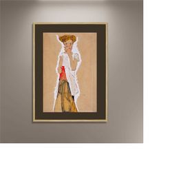 egon schiele poster standing girl in white petticoat poster print framed canvas, art decor, artistic canvas wall art, vi