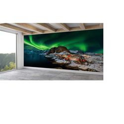 3d wall paper, view wall decor, modern wall paper, bright wall paper, northern lights landscape, norway wallpaper,