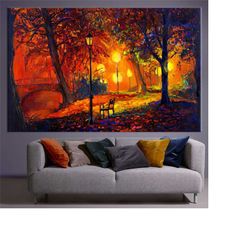 abstract night canvas, night cityscape canvas, colorful wall art, oil painting print, abstract landscape canvas, autumn