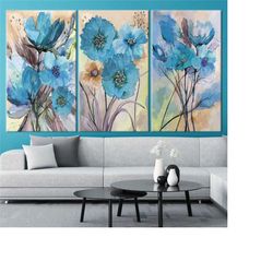 watercolor blue flower print, flower wall art, flower canvas, flower painting, floral wall art, watercolor canvas print,