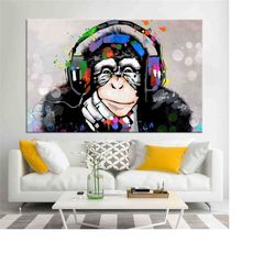 thinking monkey, dj monkey, monkey wall art, monkey canvas, monkey print, monkey poster, abstract wall art, abstract can