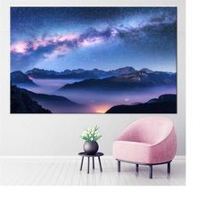 starry sky canvas, night sky wall art, night landscape wall art, landscape wall art, mountain wall art, wall art canvas,