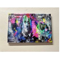 money wall art, benjamin franklin dollar, 100 dollars bill canvas, money wall decor, office wall art, money pop art canv