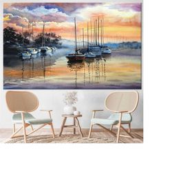 boats and sunset, sunset wall art, boat wall art, sea landscape, nature landscape canvas, sunset canvas, sea wall art, c