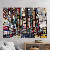 landscape glass, large glass wall art, illustration of a street in new york, glass, glass wall decor, new york tempered