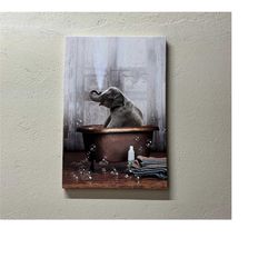 elephant in blue bathtub, elephant canvas, elephant wall decor, animal wall art, bathtub elephant, cute elephant print,