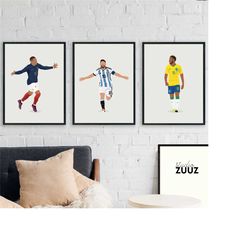 set of 3 football posters, lionel messi, kylian mbappe, neymar junior, world cup 2022, digital print,minimalist wall art