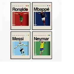 ronaldo mbapp messi neymar poster, helvetica, mid-century modern, office wall art, bedroom art world cup design, soccer